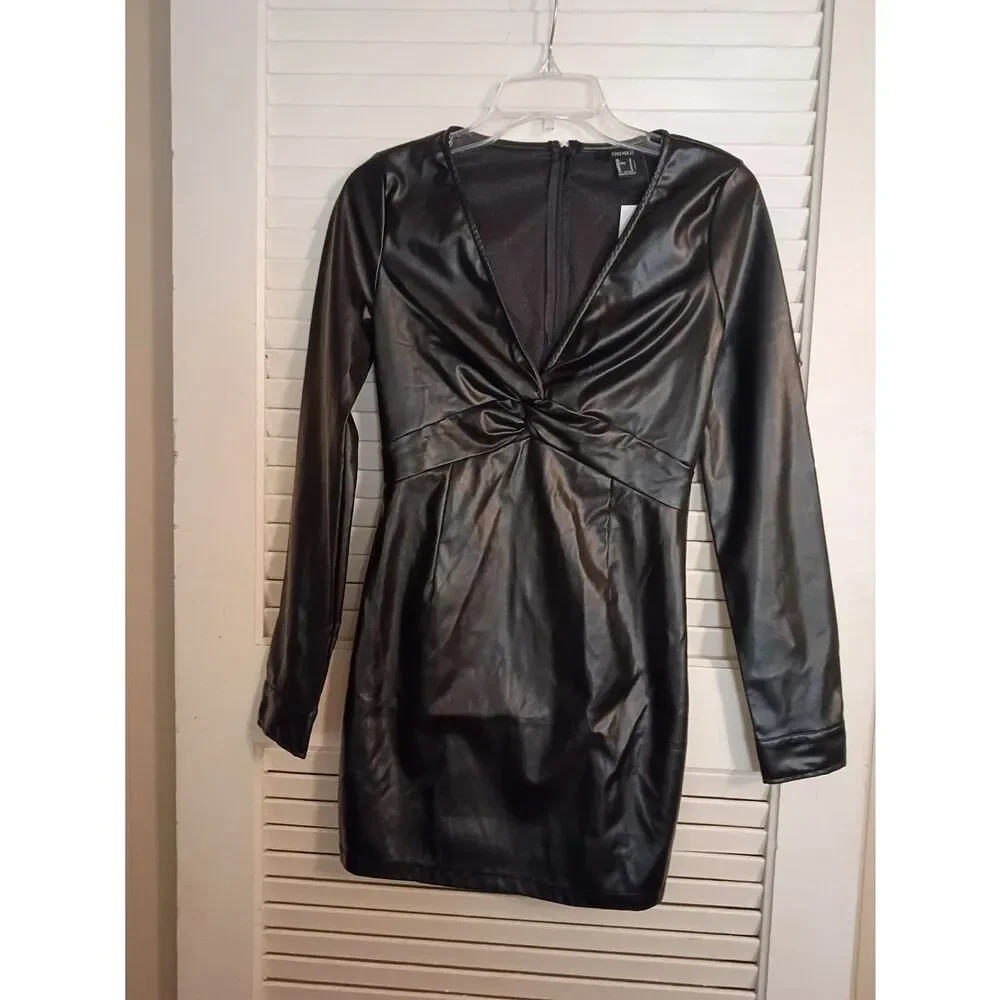 Forever 21 Black Faux Leather Twist-Front Mini Dress
